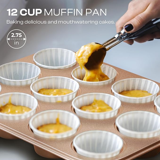 Slow Slog Baking Pans Set 8-Piece Bakeware Sets, Baking Sets for Cooking Nonstick Oven Pan Set, Baking Sheet Set, Cookie Sheets for Baking, Muffin Pan, Cookie Sheets (Ceramic Coated Gold)