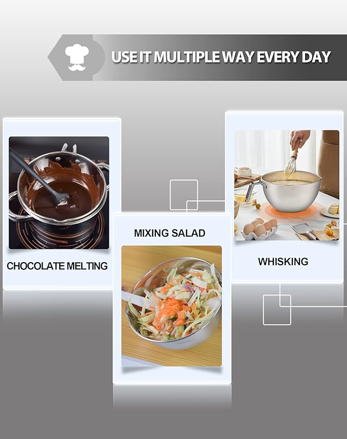 Double Boiler Pot Set,1250ML/1.1QT Mixing Bowl for Chocolate Melting, 2200ML/ 2QT 304 Stainless Steel Pot With Silicone Spatula for Melting Chocolate, Candy, Candle, Soap, Wax