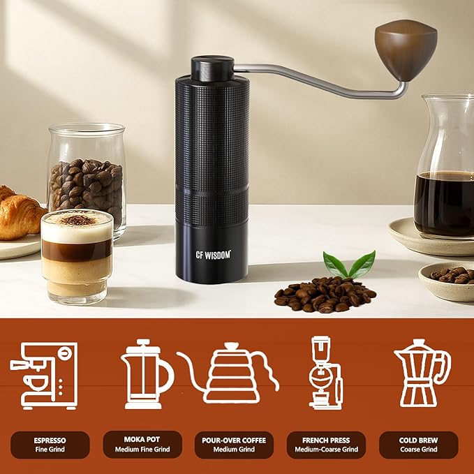CF WISDOM Espresso Manual Burr Coffee Grinder – 420 Stainless Steel Conical Burrs, Dual Bearings, Precision Adjustable Hand Grinder, Portable Travel Coffee Bean Grinder