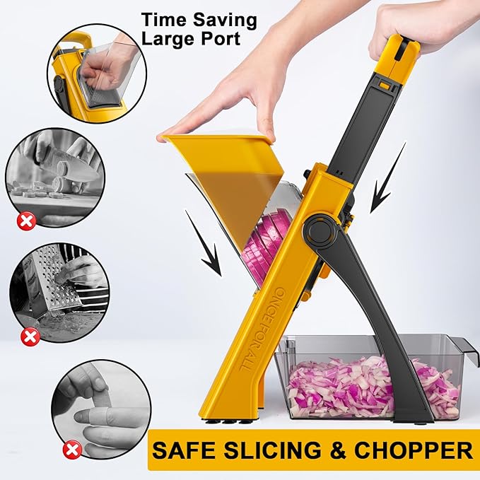 [All in 1] Upgraded Version Safe Mandoline Slicer for Kitchen, Adjustable Thickness. and Spiralizer, Veggie Slicer, Rapid Prep Mandoline, Detachable Blade, Cleaning Brush (Yellow)