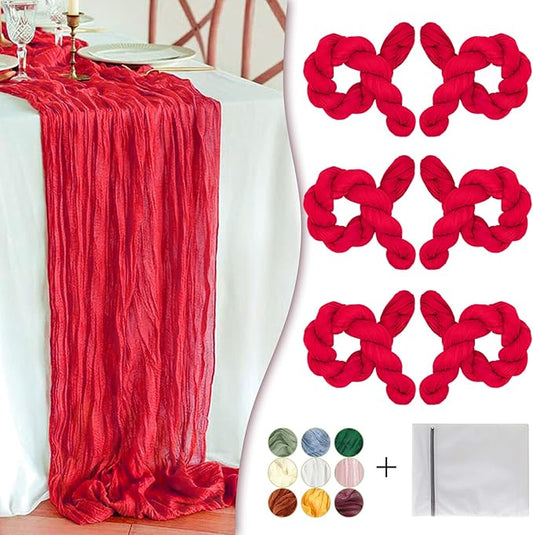 Red Cheesecloth Table Runner 6 Pack 35" Boho Gauze Runner 120 inches Long Runner Rustic Sheer Fabric Bulk for Baby Shower Wedding Bridal Birthday Party Table Decorations