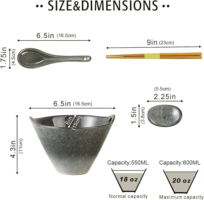 UNICASA Japanese Ramen Bowl Set with Chopsticks, Spoons and Rests, 20oz Deep Porcelain Noodle Bowl Set of 2 for Udon, Pho, Salad, Soup (Reactive Gray)