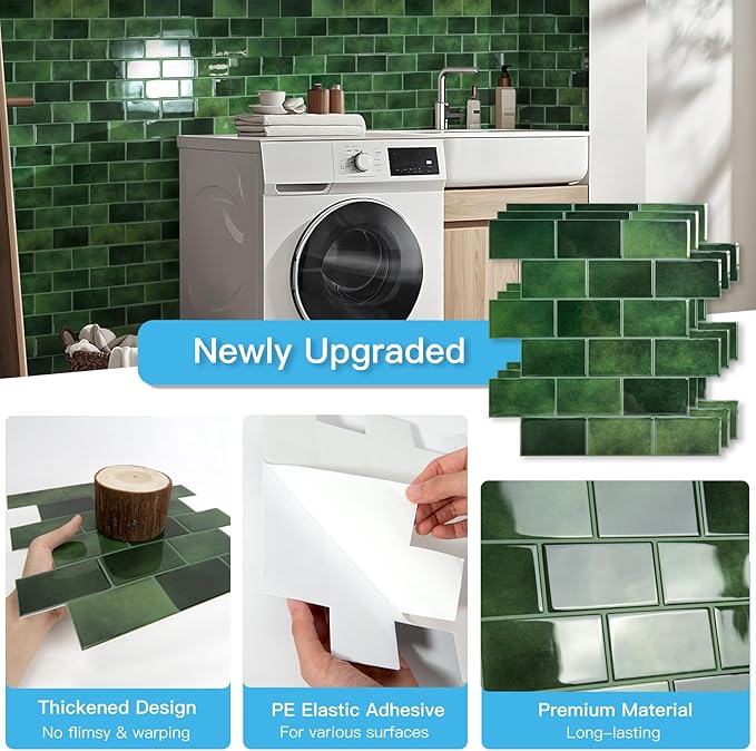 Art3d Peel and Stick Green Wall Tiles – 12"x12" Thicker Design Backsplash, Self-Adhesive Tile for Kitchen & Bathroom Renovation