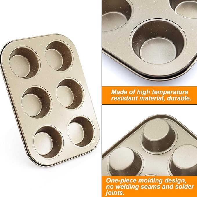 DRAONGYE 2 Packs Round Muffin Baking Pan, Premium Steel Muffin Pan for Baking, Nonstick Cupcake Tin Cheesecake Pans, Bakeware Muffin Top Pan (6 Cups, Golden)