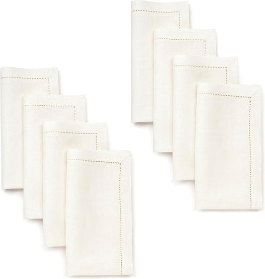 D'Moksha Homes Ivory Linen Napkins Set of 8 - Classic Hemstitch 100% Pure Linen Hemstitch Dinner Napkins 20 x 20 Inch for Valentines, Spring, Easter - Handcrafted and Machine Washable