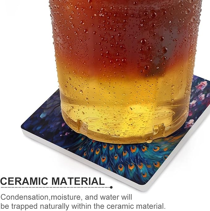 Square-4PCS Peacock Ceramic Coasters, Square Absorbent Drink Coasters, Vintage Watercolor Style Floral Beautiful Blue Peacock Ceramic Table Coasters for Coffee, Beverage, Wine, Beer Coasters