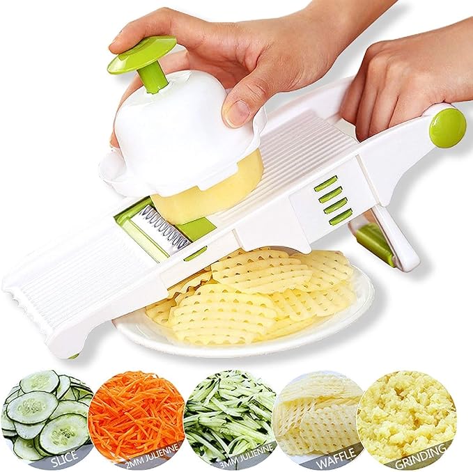 Mandoline Slicer – Adjustable Vegetable Mandolin, Fruit zucchini Slicer, French Fry Cutter,Crinkle Cutter Food Waffle,Julienne Grater,Garlic Grinder(White)