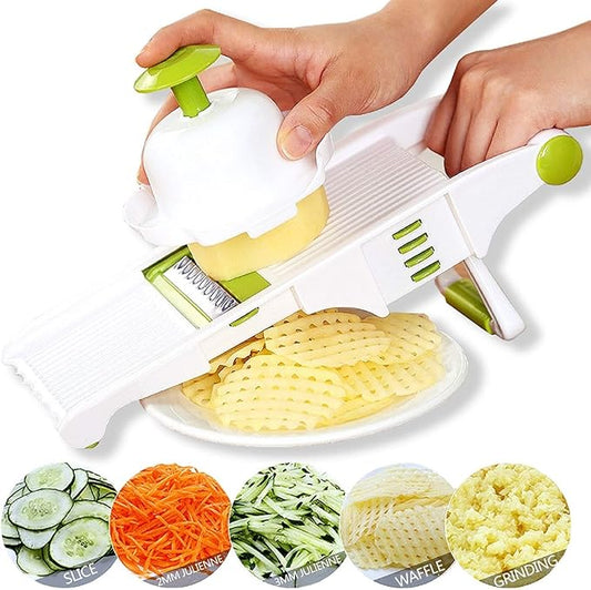 Mandoline Slicer – Adjustable Vegetable Mandolin, Fruit zucchini Slicer, French Fry Cutter,Crinkle Cutter Food Waffle,Julienne Grater,Garlic Grinder(White)