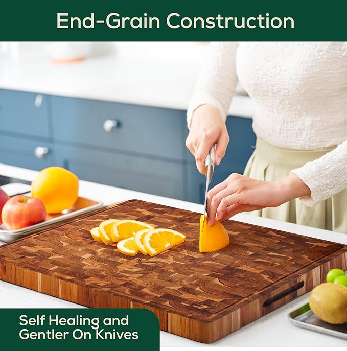 Combo 2 Teak Wood Cutting Board (Extra Large & Medium), End Grain with Juice Groove and Handles, Knife Friendly, Reversible, Suitable for Chopping Meat, Vegetables, Aesthetics for The Kitchen