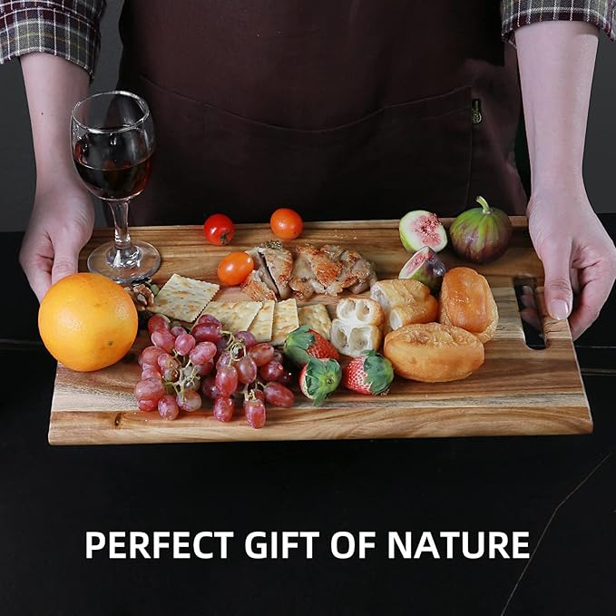 YSTKC Acacia Wood Cutting Board with Hand Grip 15" x 9.5" Inch, Wooden Reversible Chopping Board with Handle for Kitchen Meal Prep Serving, Chopping, Carving Meat, Fruits, Vegetables, Charcuterie