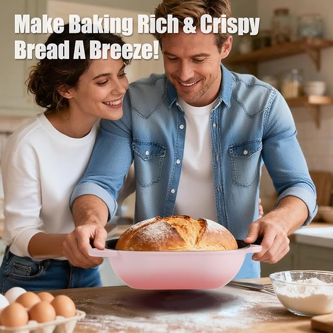 NSIRONS Enameled Cast Iron Sourdough Bread Oven, 5QT Loaf Cast Iron Bread Pan with Lid, Oval Dutch Oven for Homemade Bread Baking (Gradient Pink)