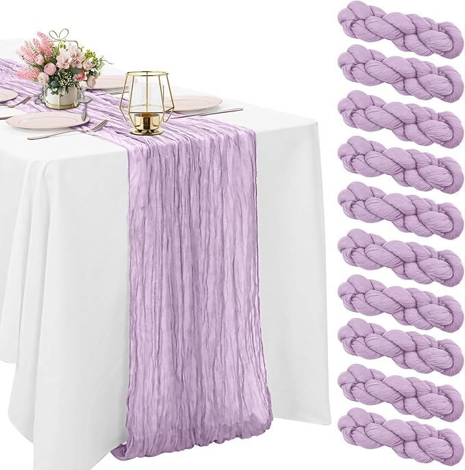 10 Pack Cheesecloth Table Runner 6FT Boho Gauze Rustic Fabric Table Runner Vintage Sheer Tablecloth for Wedding Party Bridal Baby Shower Decorations (Light Purple)
