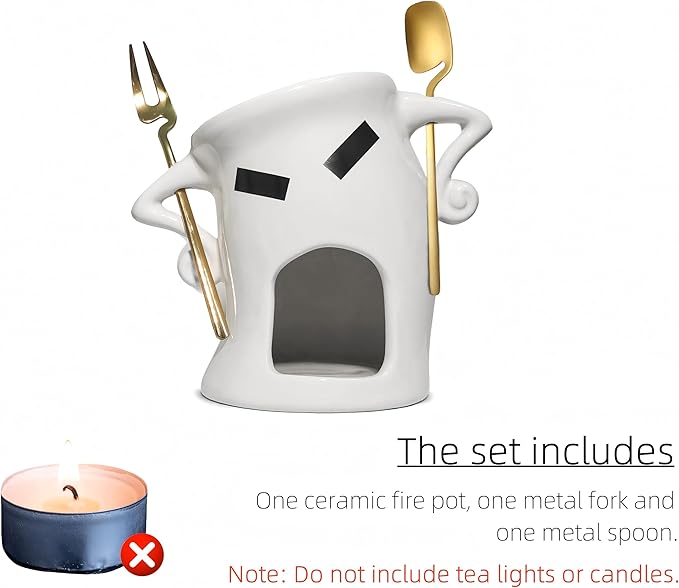 Chocolate Fondue Mug With Attitude, Cheese, Candy Mini Ceramic Fondue Mugs Gift Set with 1 Forks & 1 Scoop - Sweet Fondue Cup Set for Gifts, Parties, Cozy Nights (Food-Safe Ceramic)
