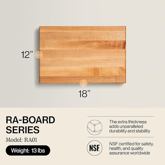 John Boos RA-Board Series Rectangular Wooden Maple Cutting Board 18”x12” – 2.25” Thick, 13-lb Reversible Butcher Block with Edge-Grain & Finger Grips – Made in the USA