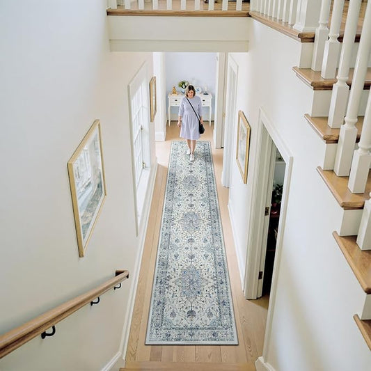 Area Rugs 3'x12' Runner Rug Non Slip Washable for Kitchen Hallway Bedroom Beside Laundry Room Bathroom Rug, Floor Carpet, Light Blue Navy Beige Gray White