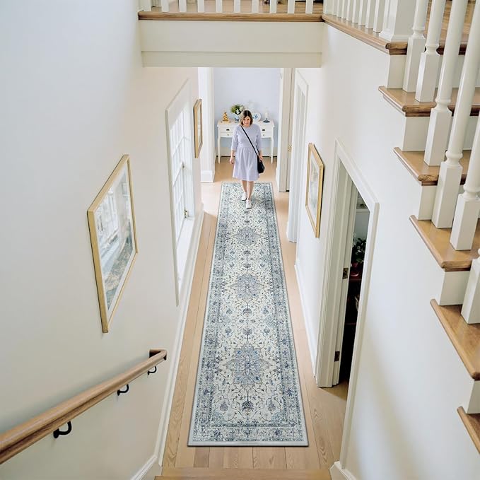 Area Rugs 2'6''x10' Runner Rug Non Slip Washable for Kitchen Hallway Bedroom Beside Laundry Room Bathroom Rug, Floor Carpet, Light Blue Navy Beige Gray White
