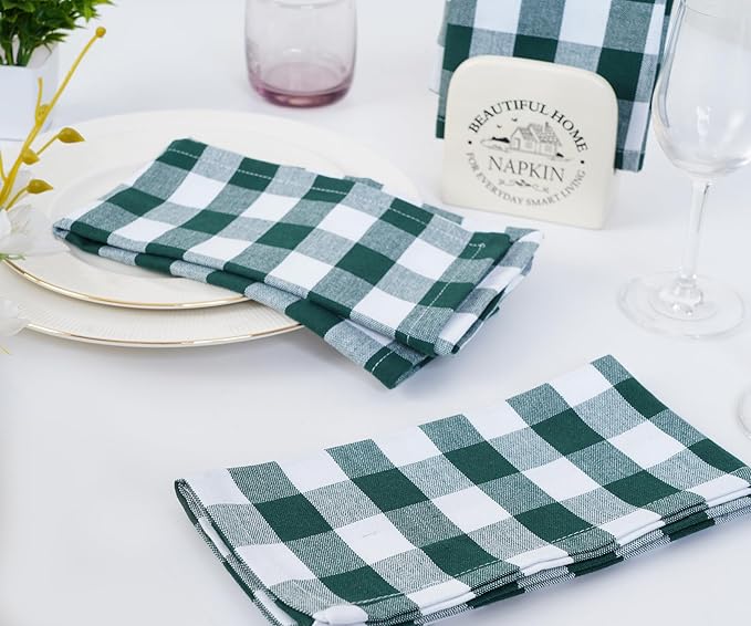 Blue Needles Gingham Buffalo Plaid Cloth Napkins 100% Cotton Set of 12 Dinner Table Napkins 18x18 inch, Soft Reusable Washable Ideal for Wedding Parties & Everyday Use - Forest Green & White
