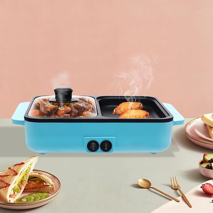 110V 1200W Small Electric Hot Pot Barbecue Grill, 2 in 1 Indoor Non-Stick Electric Hot Pot and Frying Pan, Blue Portable Electric BBQ Grill for Indoor Party Family Gatherings, 11.4*8.7*4.3inch (Blue)