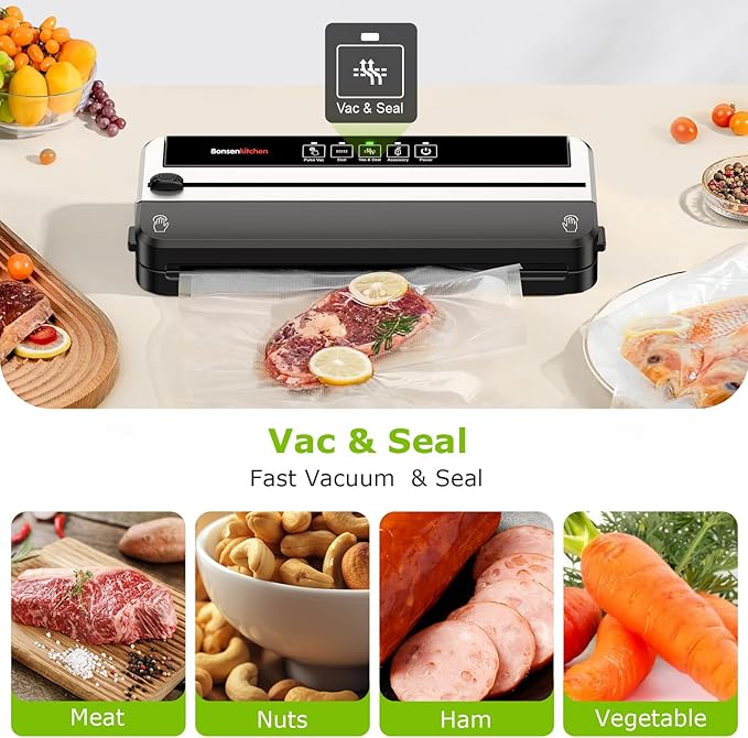 Bonsenkitchen Vacuum Sealer Machine, Built-in Cutter | Multifunctional Food Sealer for Sous Vide & Meal Prep, 5 Pre-Cut Bags, Silver-Black