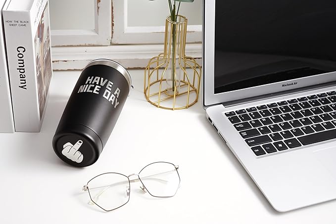 Funny Fathers Day Coffee Mug Tumbler with Middle Finger on the Bottom for Men and Women - White Elephant Gifts for Adults - Christmas Unique Holiday and Birthday Gag Gifts, 20oz Black