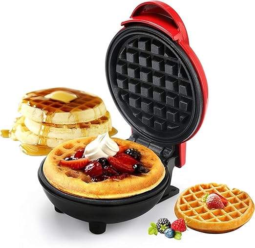 Holstein Housewares Personal/Mini Waffle Maker, Non-Stick Coating, Red- 4-inch Waffles in Minutes, Ideal for Breakfast, Brunch, Lunch or Snacks