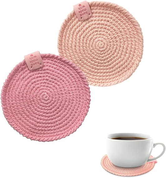 4.33" Rose Pink Soft Cotton Crochet Coasters, Absorbent and Heat Resistant Woven Coasters for Drinks Coffee Tea Wine, Round Coasters for Desk Dining Table Bar, Handmade 2 Pack Coasters
