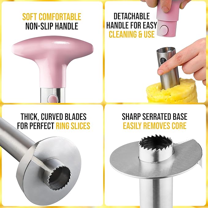 Zulay Kitchen Stainless Steel Pineapple Corer & Slicer + Eye Removal Tool – Heavy Duty Pineapple Cutter with Reinforced Blade – Effortless Pineapple Core Remover & Slicer - Pink