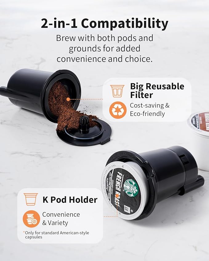 KIDISLE Hot & Iced Coffee Maker with Bold Setting, Single Serve Coffee Maker for K Cup and Grounds, 6-14 Oz Brew Sizes, 50 Oz Removable Water Tank, One Cup Coffee Machine with Reusable Filter, Grey