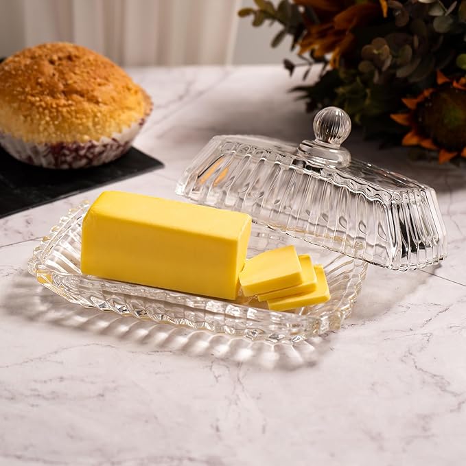 Clear Glass Butter Dish with Lid, Covered Butter Stick Holder Tray, Crystal Glass Butter Storage Container for Fridge Countertop