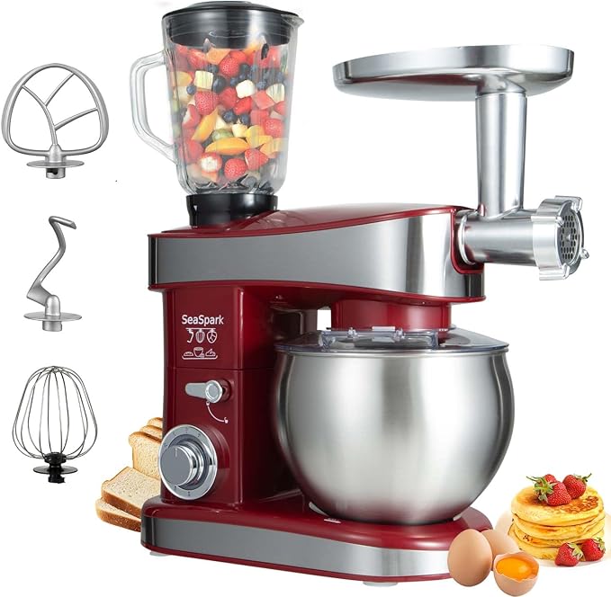 SeaSpark Multifunctional Stand Mixer, 6 in 1 Stand Mixer, 6.3Qt Tilt-head, Standing Mixer with Stainless Steel Bowl, Meat Grinder, Juice Blender, for professional Baking and Most Home Cooks, Red