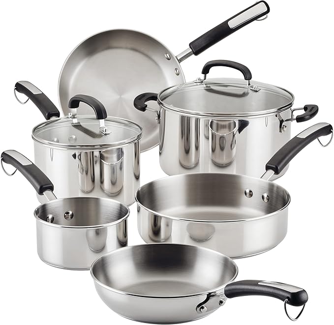 Farberware Brilliance Stainless Steel Cookware Pots and Pans Set with Kitchen Cooking Tools and Glass Lids, 10 Piece, Dishwasher Safe and Induction Ready, Stainless Steel
