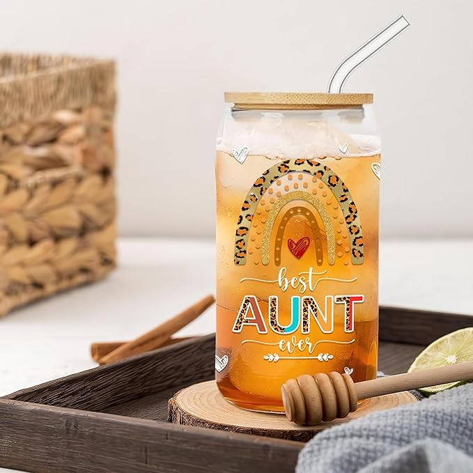 Aunt Gifts from Niece Nephew 16 Oz Coffee Glass Cup with Lid and Straw Aunty Glass Can Christmas Gift for Auntie New Aunts To Be Aunts Announcement Mothers Day Birthday