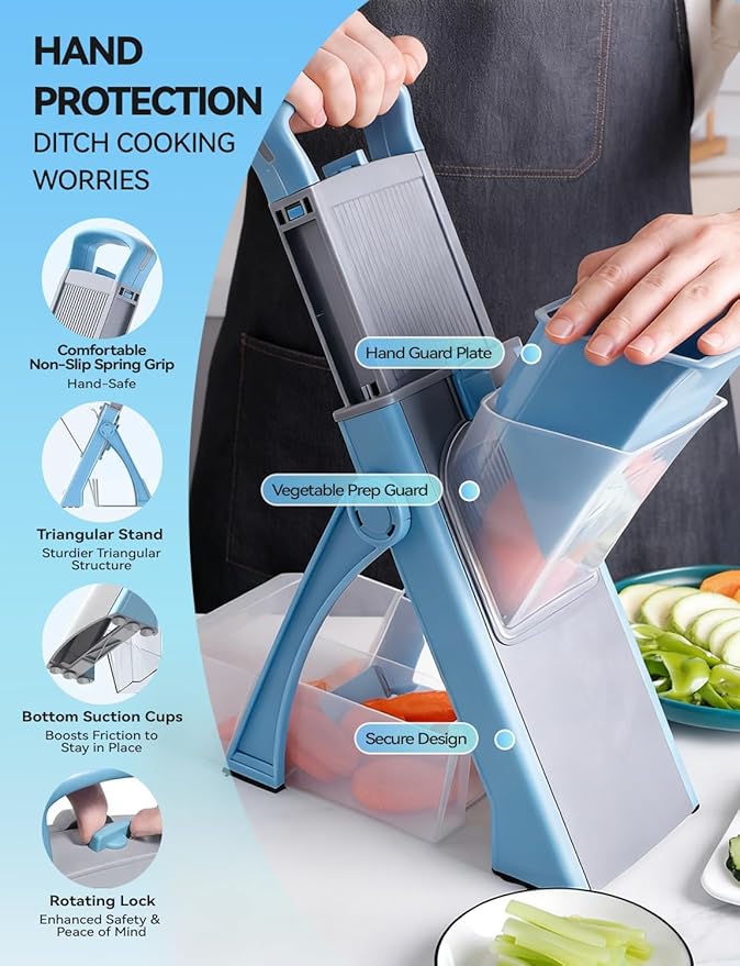 Safe Mandoline Slicer 8-in-1- Adjustable Vegetable & Potato Cutter with Removable Basket, 420 Stainless Blades, Foldable for Easy Storage