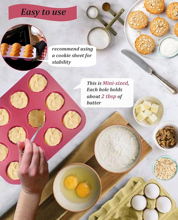 Sinoskye Silicone Muffin Pan, 12-Cup Cupcake Pan with Silicone Pastry Brush for Mini Egg Muffin, Keto Diet, BPA Free, Dark Red