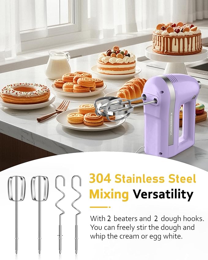 Z-DESDEMONA Electric Hand Mixer, Powerful 300W Hand Mixer Electric Handheld with 304 Beaters, Dough Hook,Hand Held Mixer with Turbo for Baking Cakes, Eggs, Cream Food(Purple)