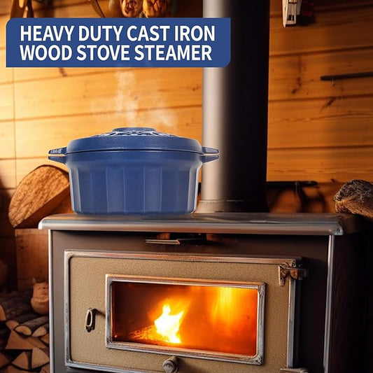Wood Stove Steamer-Fireplace Humidifier,Cast Iron Humidifier for Stove, Matte Black Finish, Rust Resistant, Lattice Top, 2.5 Quart Capacity,Wood Burning Stove Indoor Decorative.Blue