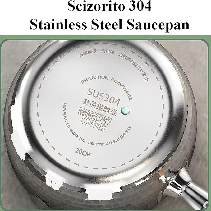 Scizorito 2.2 Quart Silver Stainless Steel Sauce Pot with Inverted Mouth, Solid Wood Handle, Hook, Lid, Suitable for Induction, Gas, Electric Stoves