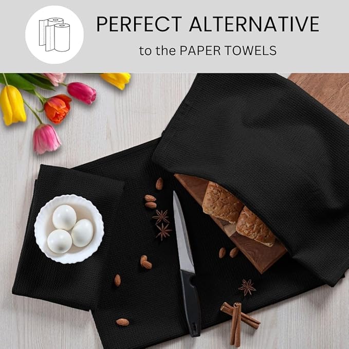 Waffle Kitchen Towels Large 16x26 inch 100% Cotton Set of 4 - Soft Absorbent Washable Tea Towel for Kitchen - Dish Cloths Quick Drying - 320 GSM Quality Dish Towels Black