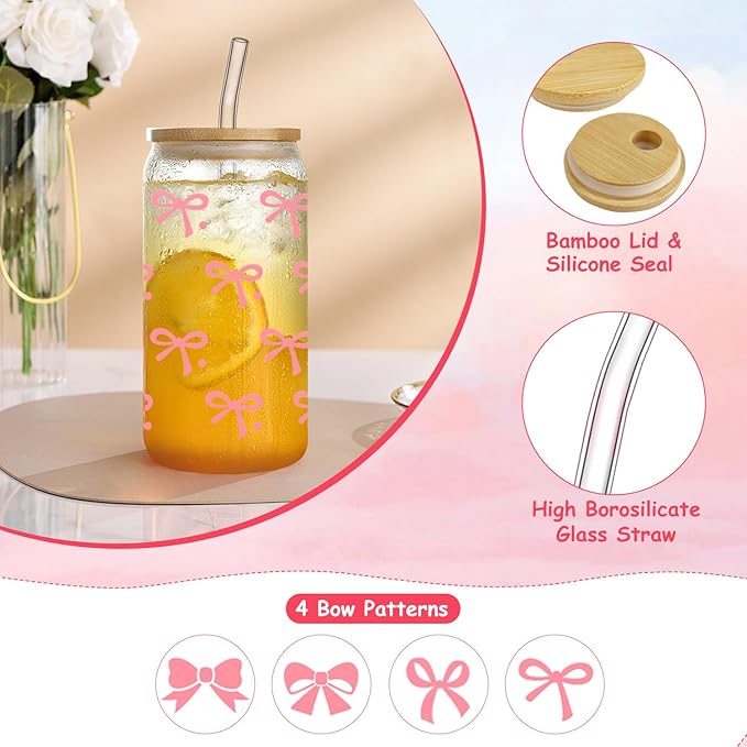 Pink Bow Glass Cups with Lids and Straws, 4 Pcs 16 OZ Coquette Bow Aesthetic Glass Iced Coffee Cup Smoothie Reusable Mug Tumbler for Girls Women Sister