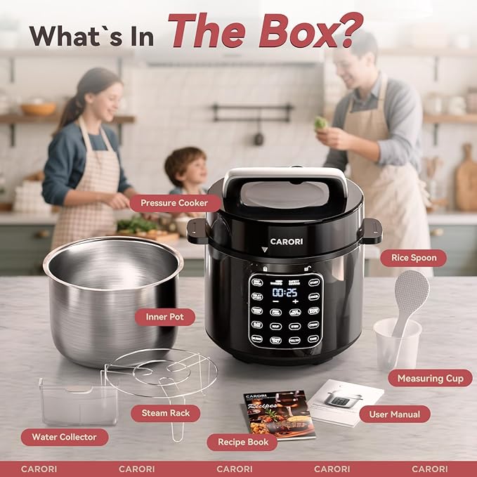 CARORI 9-in-1 Electric Pressure Cooker 6 Qt, Stainless Steel Inner Pot, Programmable 12 Multi-Function Cooker with Safe Vent Design, Rice Cook, Slow Cook, Sauté, Warmer & Sterilizer, Black