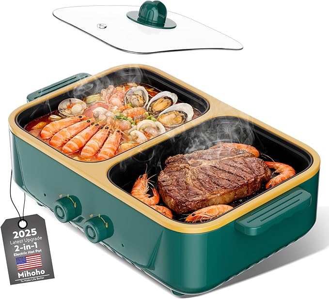 2-in-1 Electric Hot Pot and Grill Combo,1000W Dual Temper Control, Fast Heating - Indoor Cooking Appliance for BBQ, Steaks, Noodles & More - Suitable for Up to 4 People (Green T)