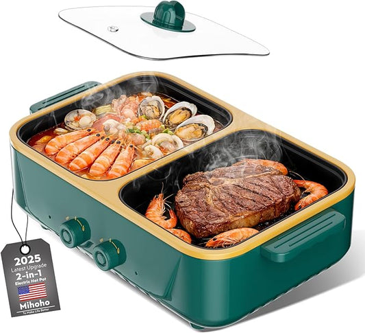 2-in-1 Electric Hot Pot and Grill Combo,1000W Dual Temper Control, Fast Heating - Indoor Cooking Appliance for BBQ, Steaks, Noodles & More - Suitable for Up to 4 People (Green T)