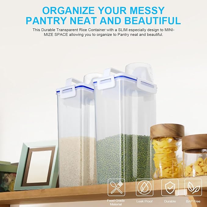 Rice Airtight Dry Food Storage Containers, BPA Free Plastic Sealed Holder Bin Dispenser with Pouring Spout, Measuring Cup for Cereal, Flour and Oatmeal, Include a Stainless Steel Whisk