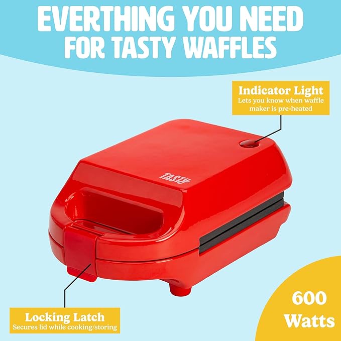 Tasty Mini Nonstick Waffle Maker, Perfect for Individual Waffles, Hash Browns, Brownies and more, Quick Results, Easy Clean Up, 600W, Red