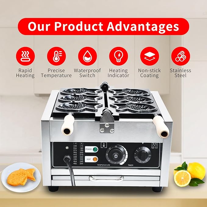 Taiyaki Fish Waffle Maker 3PCS Electric Taiyaki Machine, Non-Stick Teflon Coating Fish Shaped Waffles Iron,110V 50-300℃/122-572℉ Adjustable