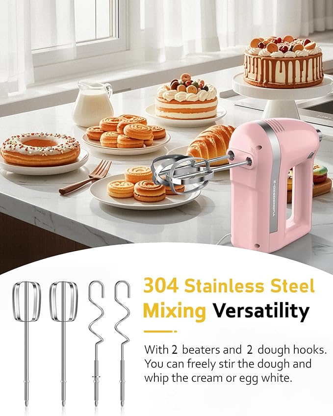 Z-DESDEMONA Electric Hand Mixer, Powerful 300W Hand Mixer Electric Handheld with 304 Beaters, Dough Hook,Hand Held Mixer with Turbo for Baking Cakes, Eggs, Cream Food(Pink)