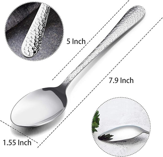 E-far 12-Piece Stainless Steel Hammered Dinner Spoons Set, Modern Silver Large Soup Spoons for Home, Kitchen, Restaurant, Round Edge & Mirror Polished, Dishwasher Safe - 7.9 Inches