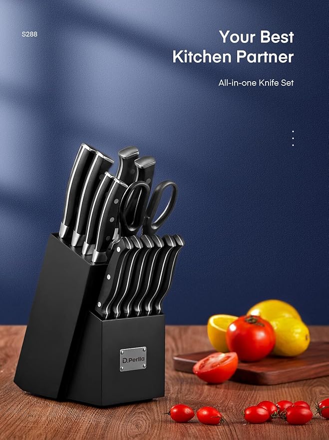 Knife Set, D.Perlla 15 Pieces Kitchen Knife Set with Built-in Sharpener, High Carbon Stainless Steel Knife Block Set with Unique Waved Pattern, Triple Riveted Ergonomic Handle, Black