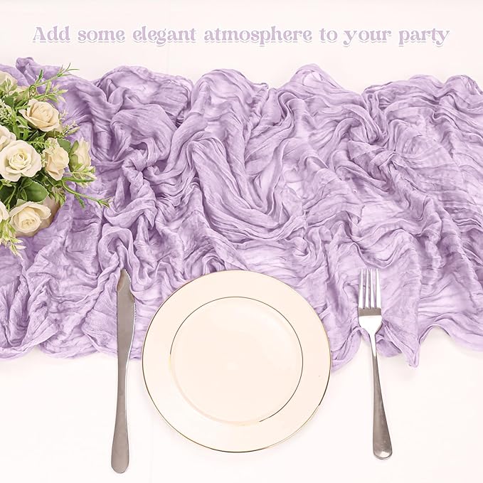 10 Pack Cheesecloth Table Runner 10FT Boho Gauze Rustic Fabric Table Runner Vintage Sheer Tablecloth for Wedding Party Bridal Baby Shower Decorations (Light Purple)