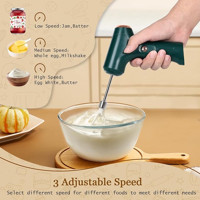 CHIDOYII Cordless Hand Mixer, Handheld Electric Whisk with 3 Speed Modes, Hand Held Egg Beater with 2 Detachable Stir Whisks (Green)